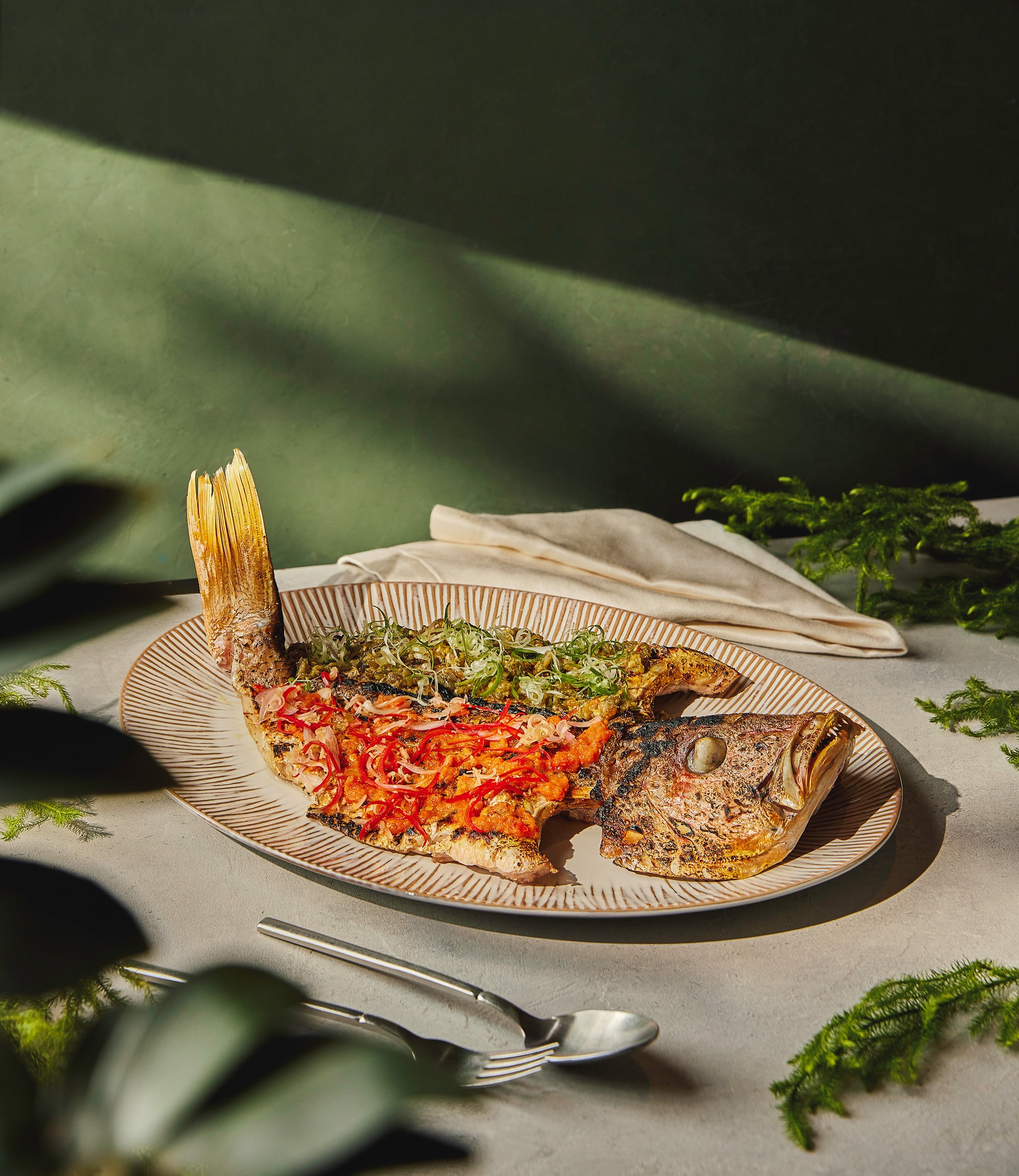 Grilled Fish of the Day with house-made sambal at YARA Singapore — modern Asian comfort food served in a tranquil, heritage space on Evans Road.
