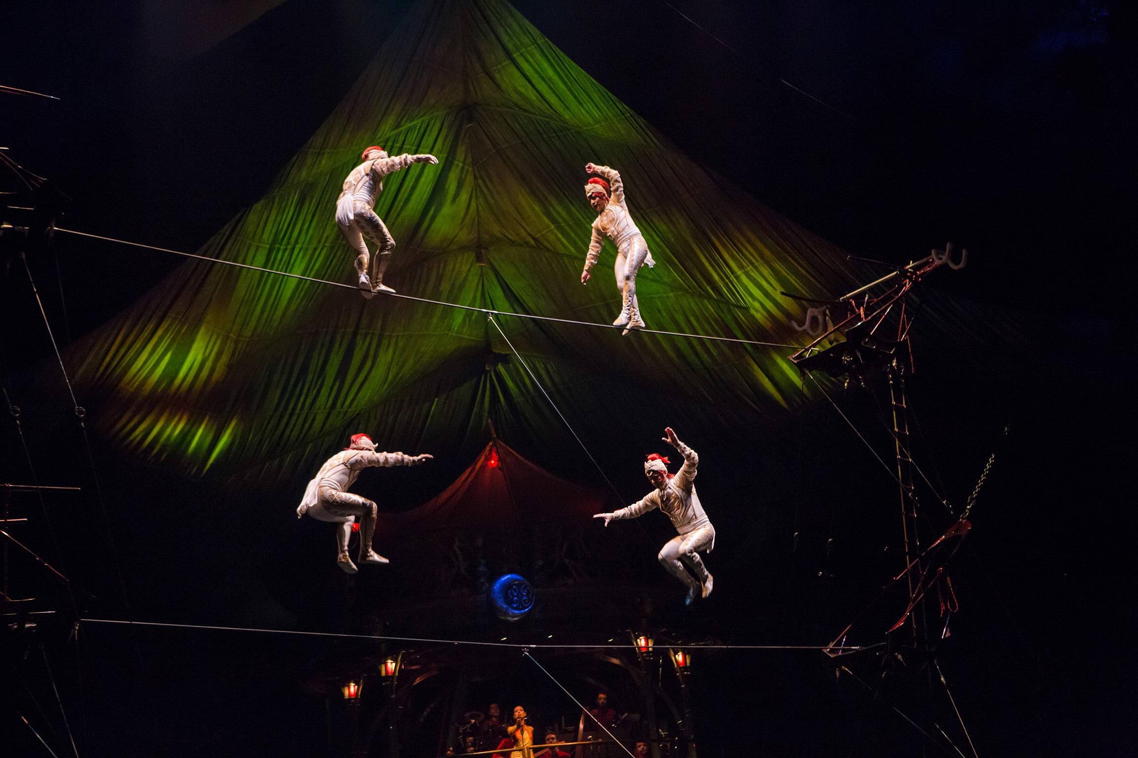 Cirque du Soleil KOOZA high wire acrobats performing a daring aerial act under the big top, showcasing balance and precision in Singapore.
