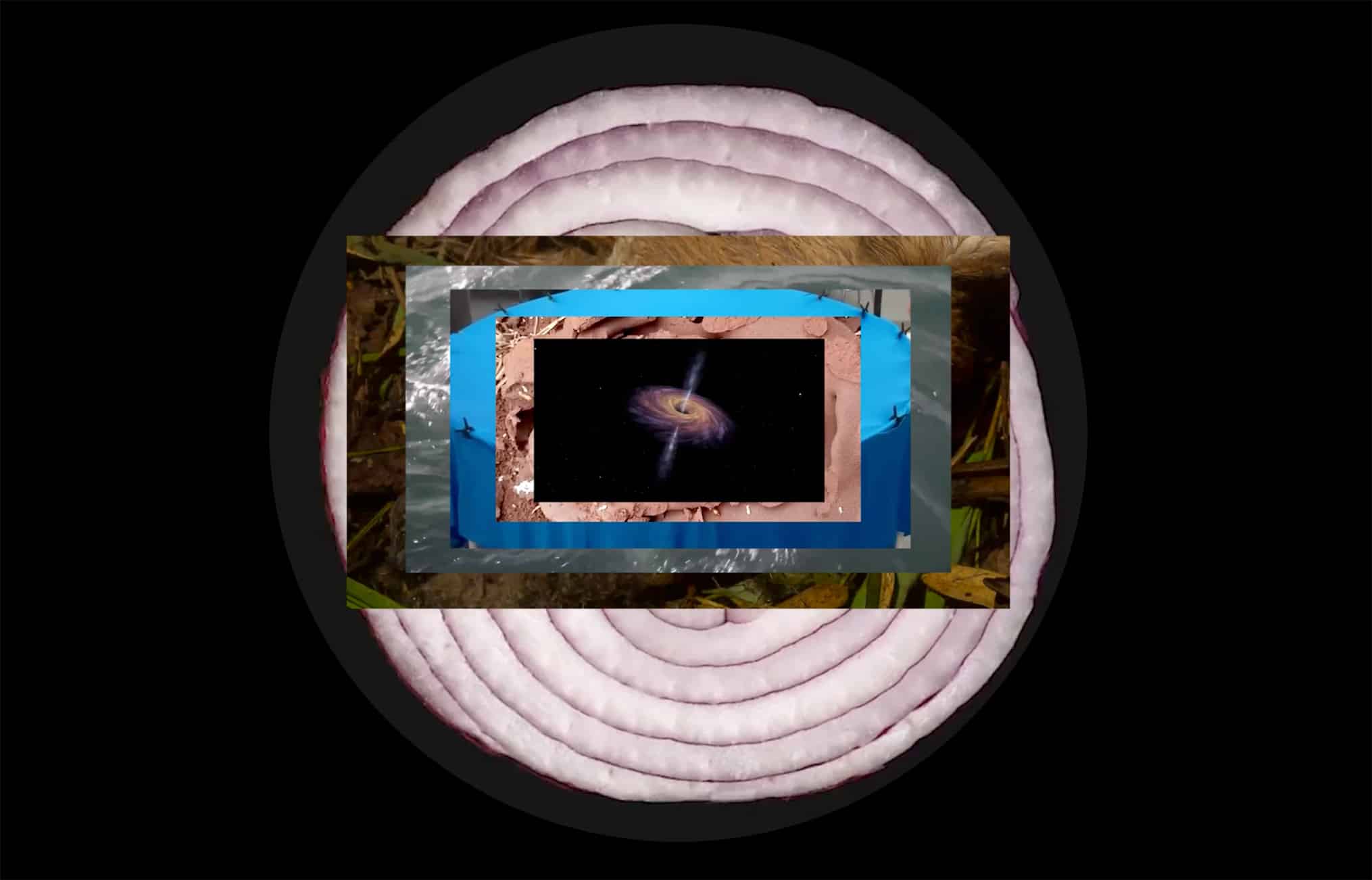 Still from Liao Wen's video work “Polyphemos” shown at Para Site, layering cosmic and natural imagery in a dreamlike contemporary art film.