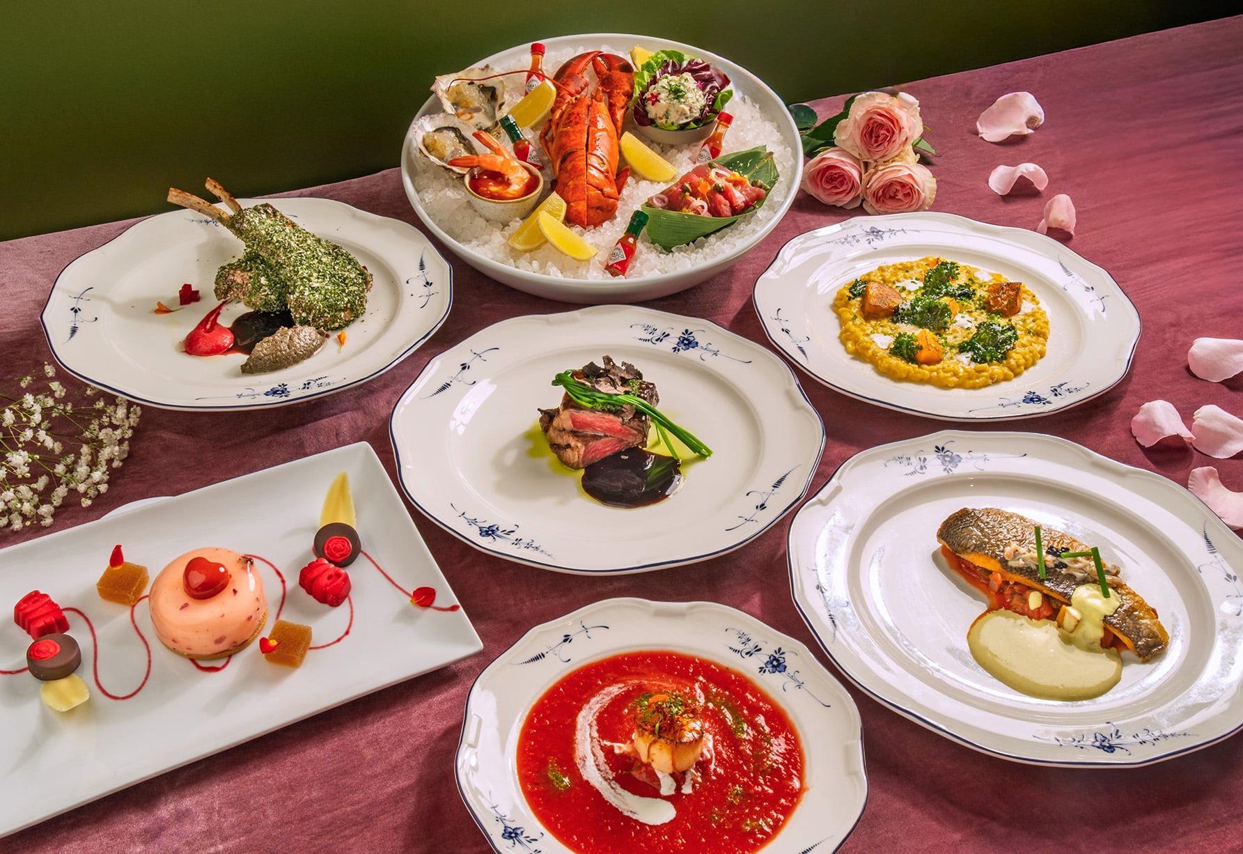 Valentine’s Day 2026 four-course dinner set at Capitol Bistro Singapore featuring seafood platter, lamb rack, wagyu beef, risotto, and dessert.