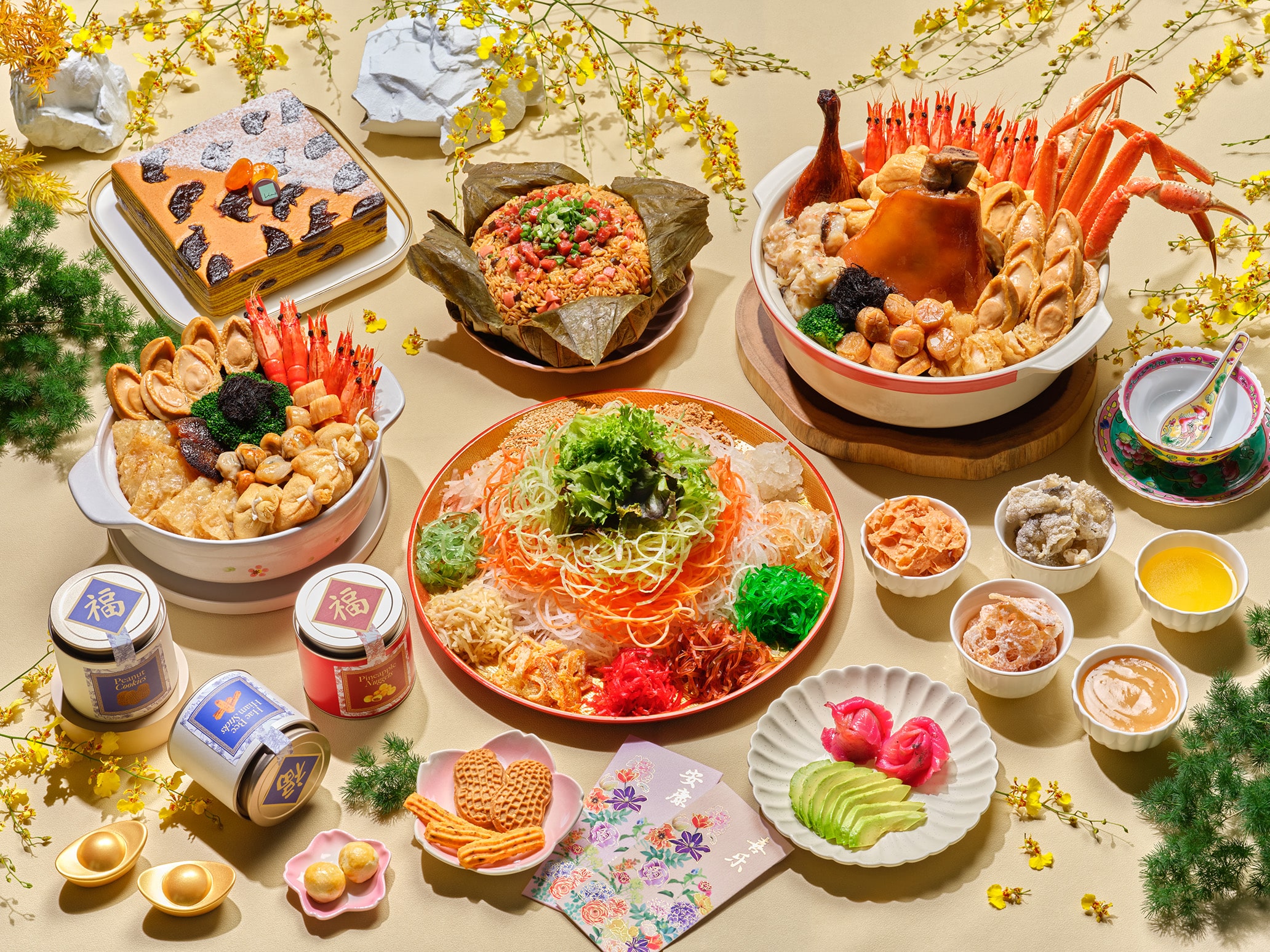 Lime Restaurant festive takeaway spread featuring yu sheng and pen cai for Chinese New Year takeaways 2026 in Singapore