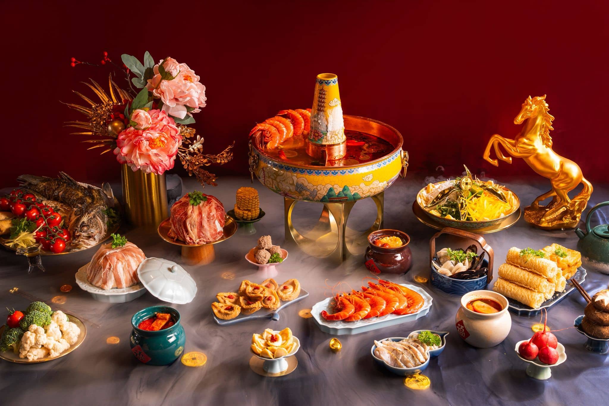 Crimson Feast steamboat spread with premium seafood and meats at Novotel Singapore on Stevens for Chinese New Year reunion dinner 2026