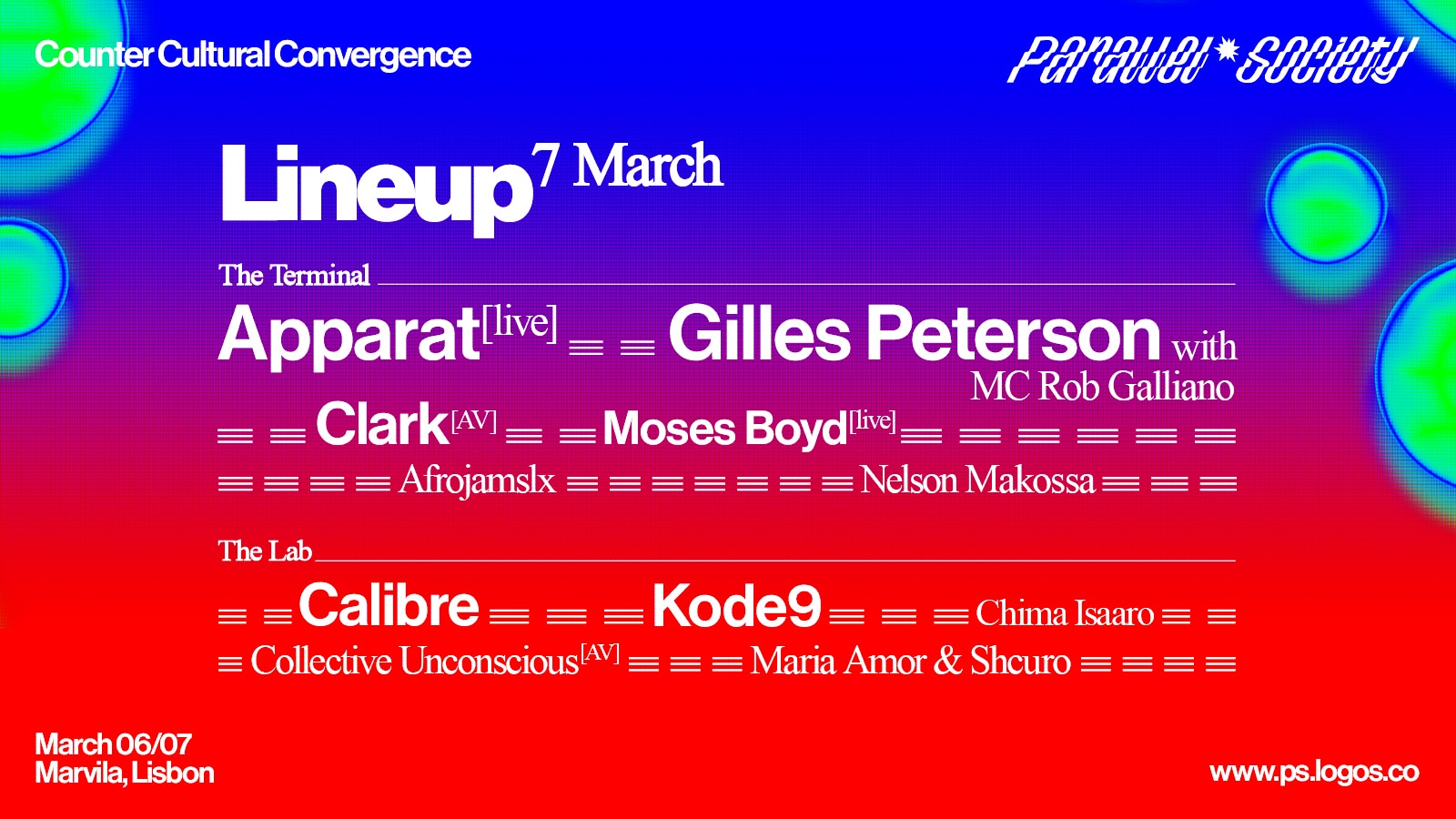 Parallel Society lineup poster detailing live music and audiovisual performances in Marvila, Lisbon, featuring global and Portuguese electronic artists.