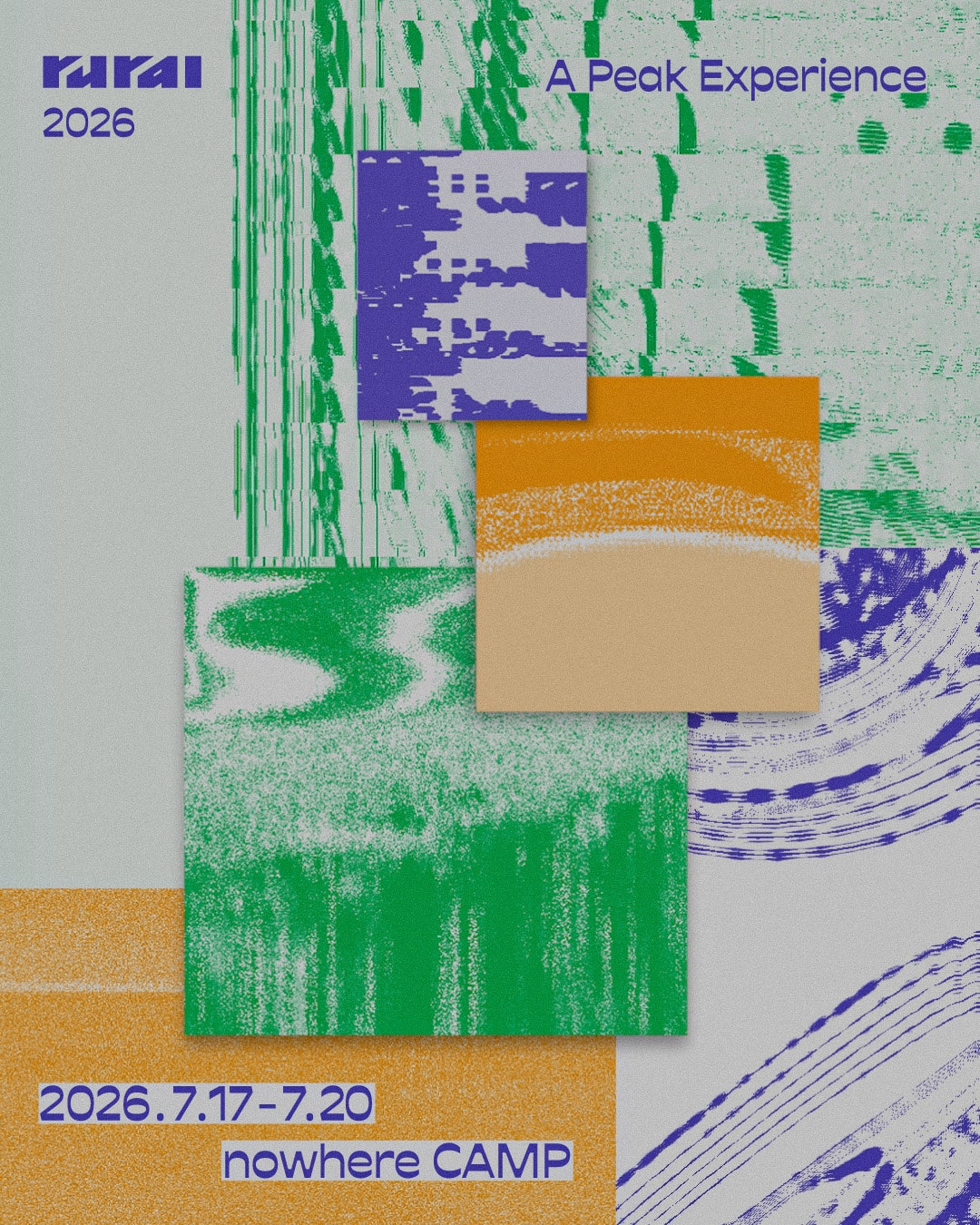 Official key visual for rural 2026 techno festival in Japan featuring abstract art and dates July 17–20 at nowhere CAMP, Numajiri Highlands