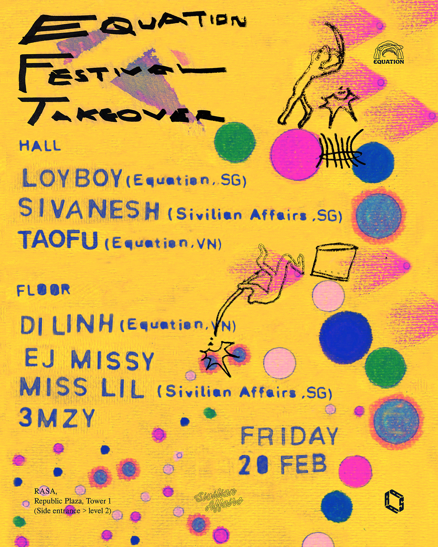 Illustrated poster for Equation Festival Takeover featuring colourful graphics and DJ lineup details.