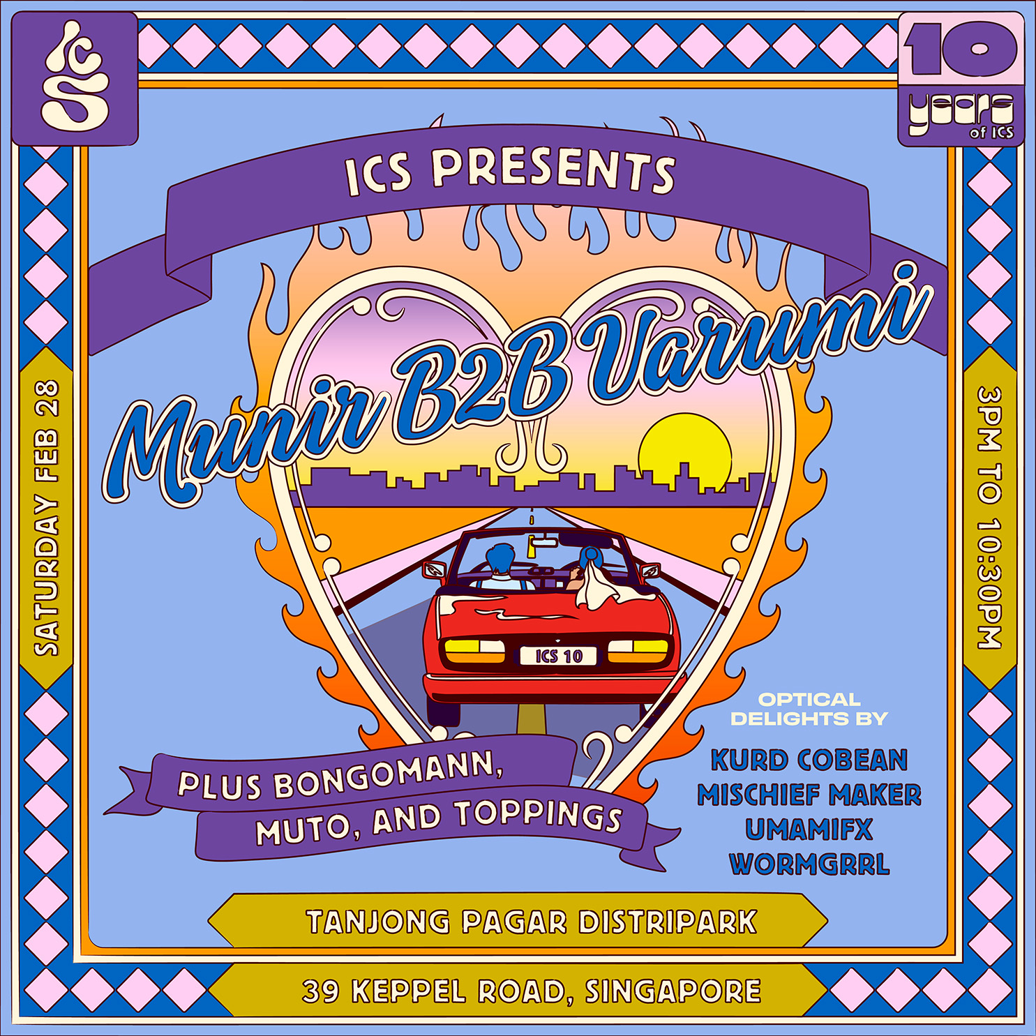 Illustrated event poster for Ice Cream Sundays featuring Munir b2b Varumi at Tanjong Pagar Distripark.