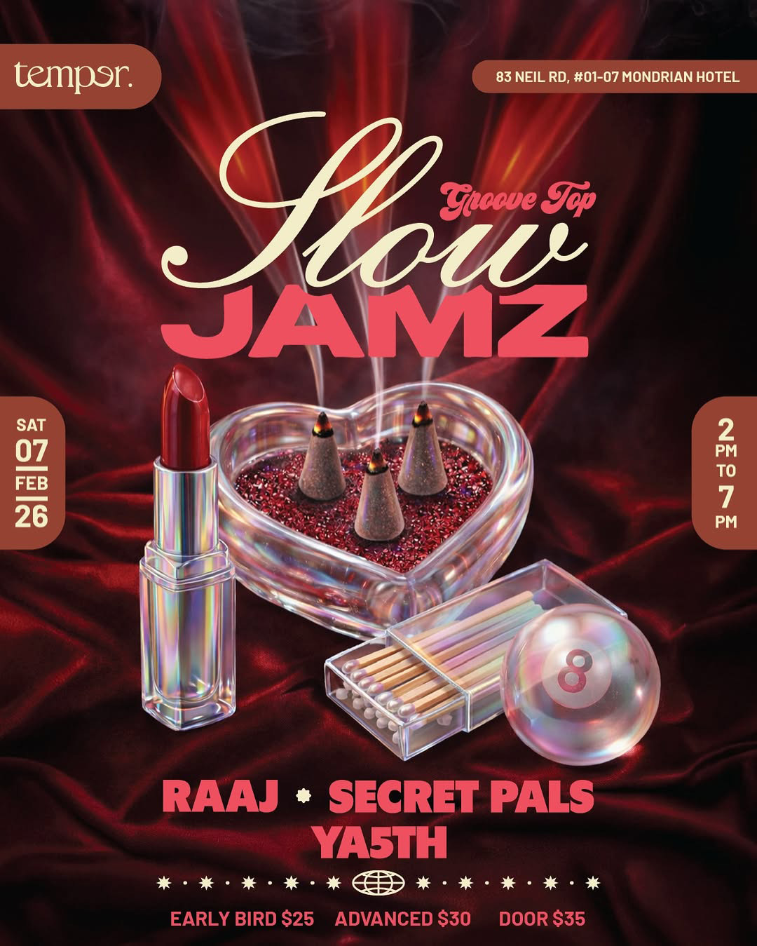 Event poster for GrooveTop Slow Jamz featuring stylised objects and event details at Temper.