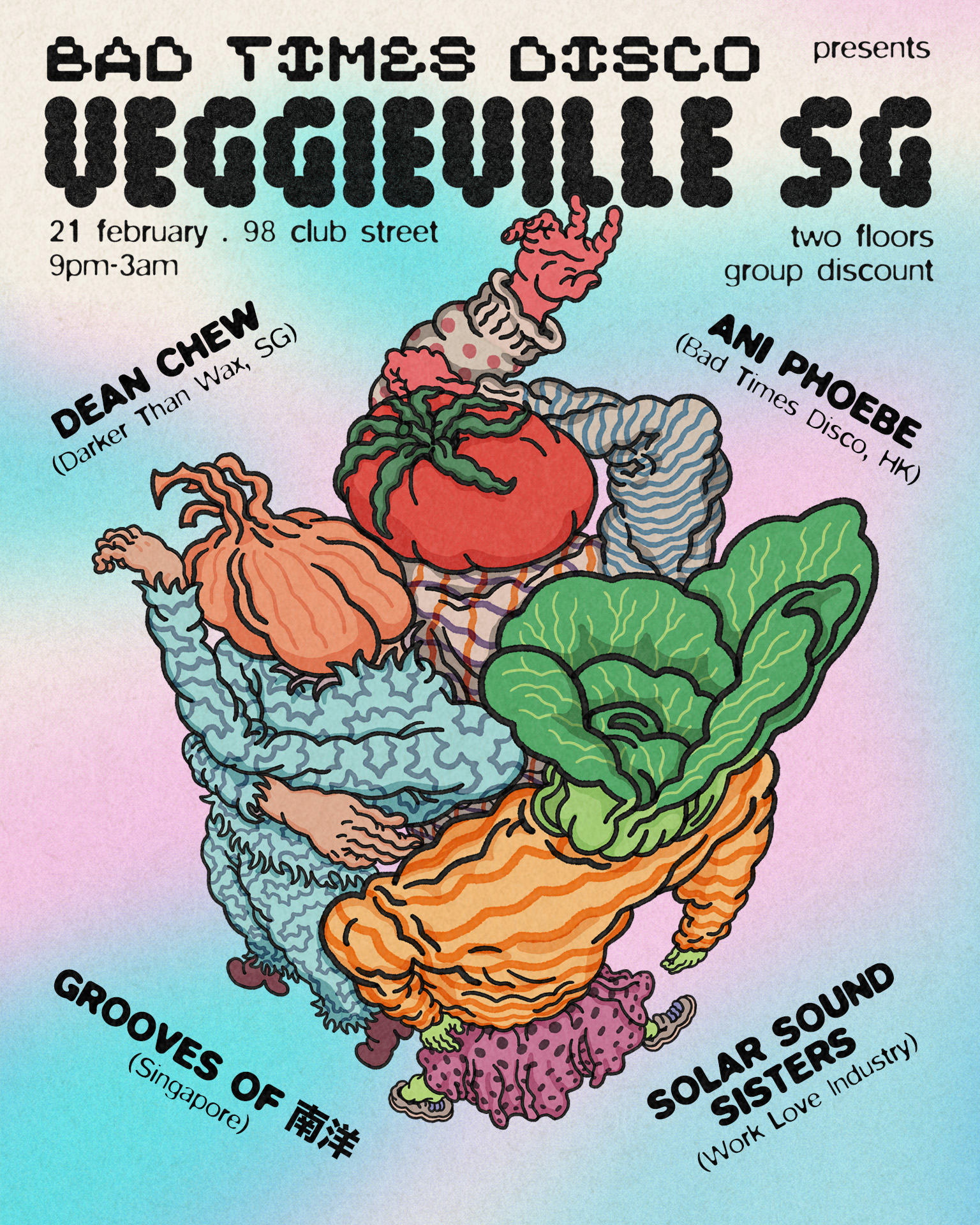 Illustrated poster for Bad Times Disco VeggieVille SG featuring dancing vegetable characters.