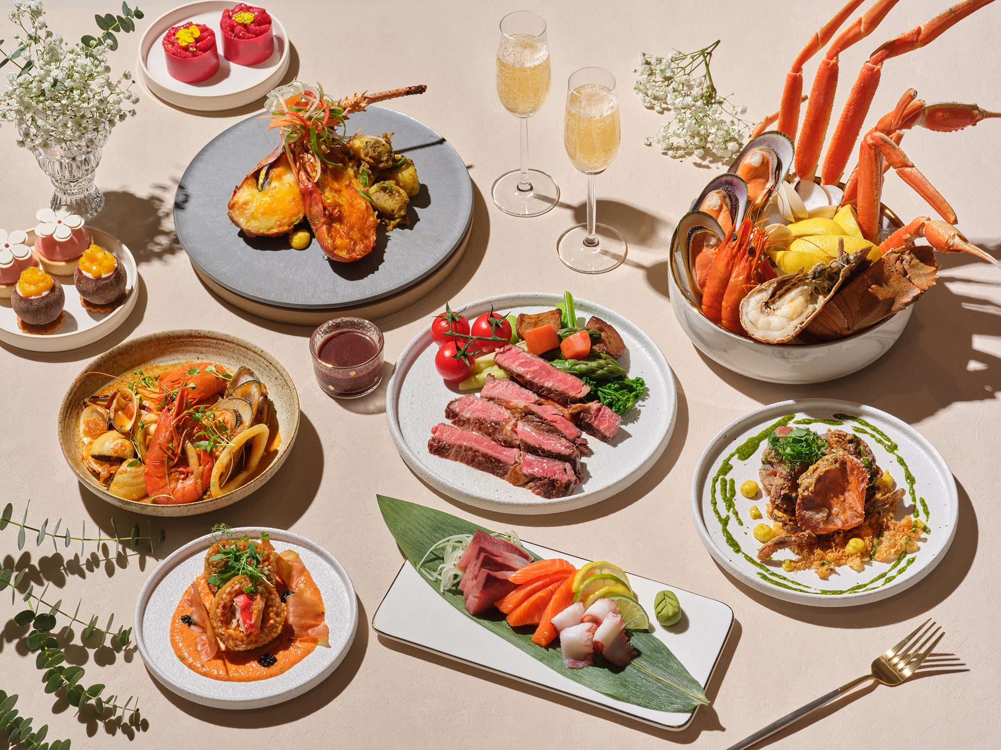 Easter brunch buffet spread at Crossroads Buffet Singapore with seafood platter, grilled meats, pasta, sashimi, and champagne glasses.