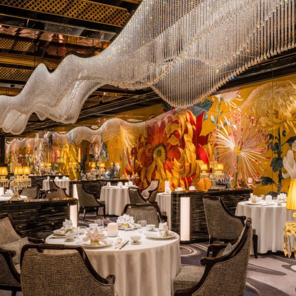 Palace Garden restaurant interior at Grand Lisboa Palace Macau with floral mural and chandelier