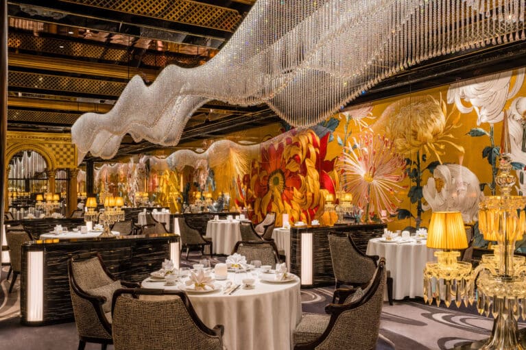 Palace Garden restaurant interior at Grand Lisboa Palace Macau with floral mural and chandelier