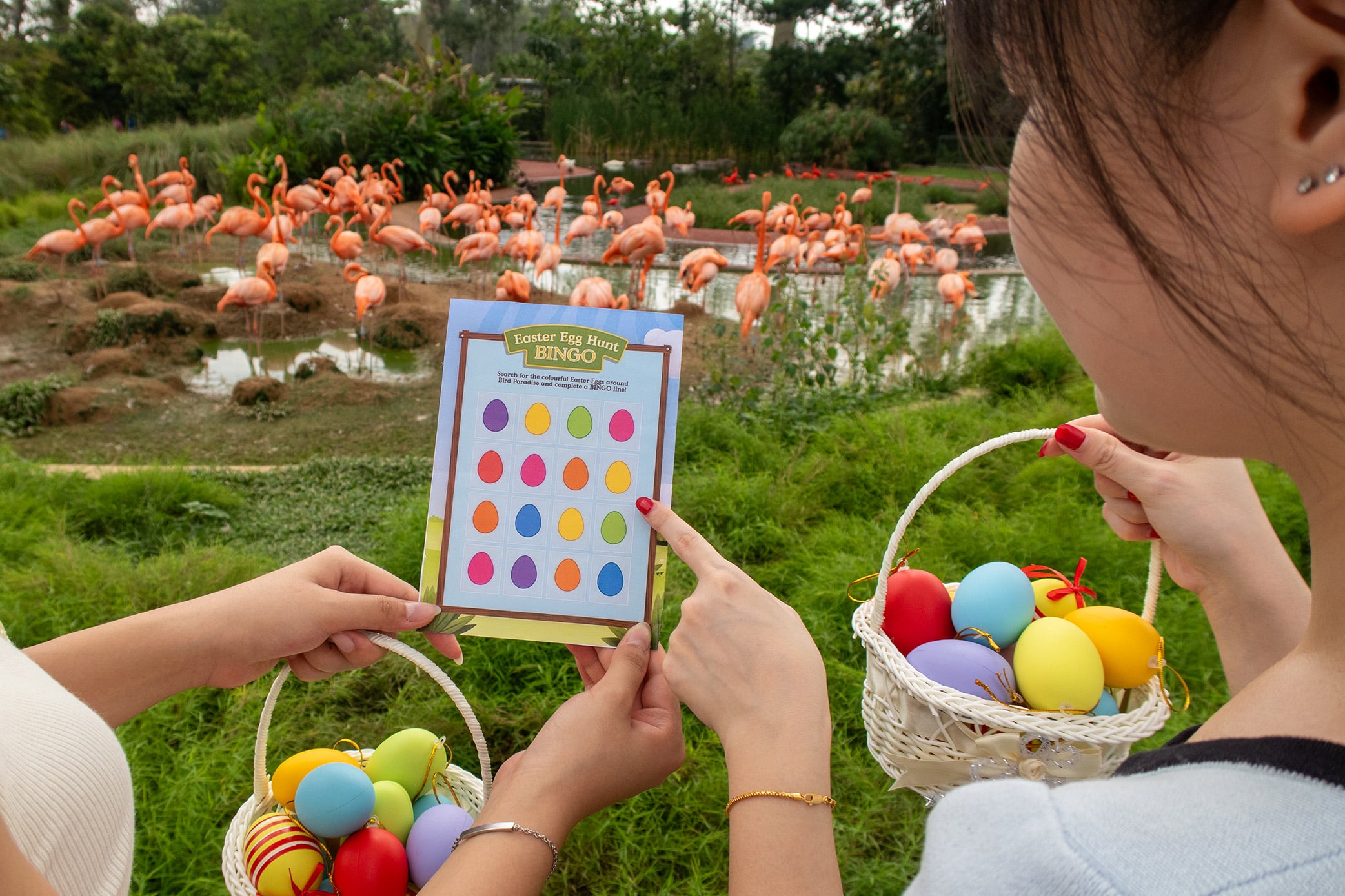 Families participating in an Easter egg hunt activity at Mandai Wildlife Reserve with colourful eggs and bingo card game.