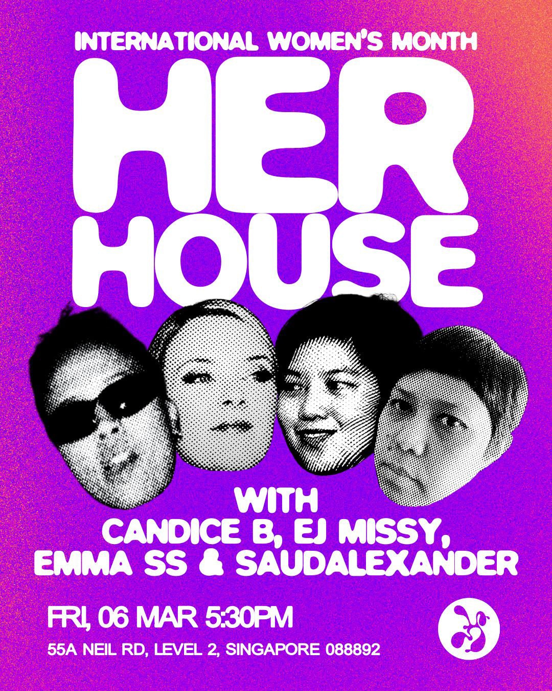 HER HOUSE International Women’s Month DJ party poster featuring Candice B, EJ Missy, Emma SS and Saudalexander.