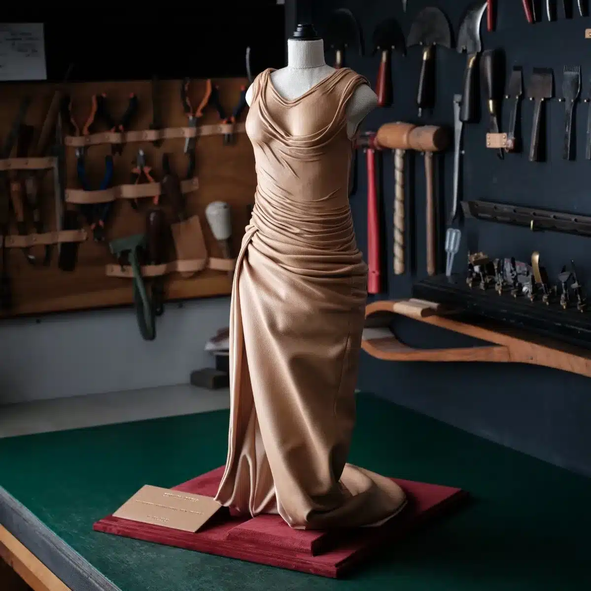 A leather dress miniature model at a leather artisan's studio