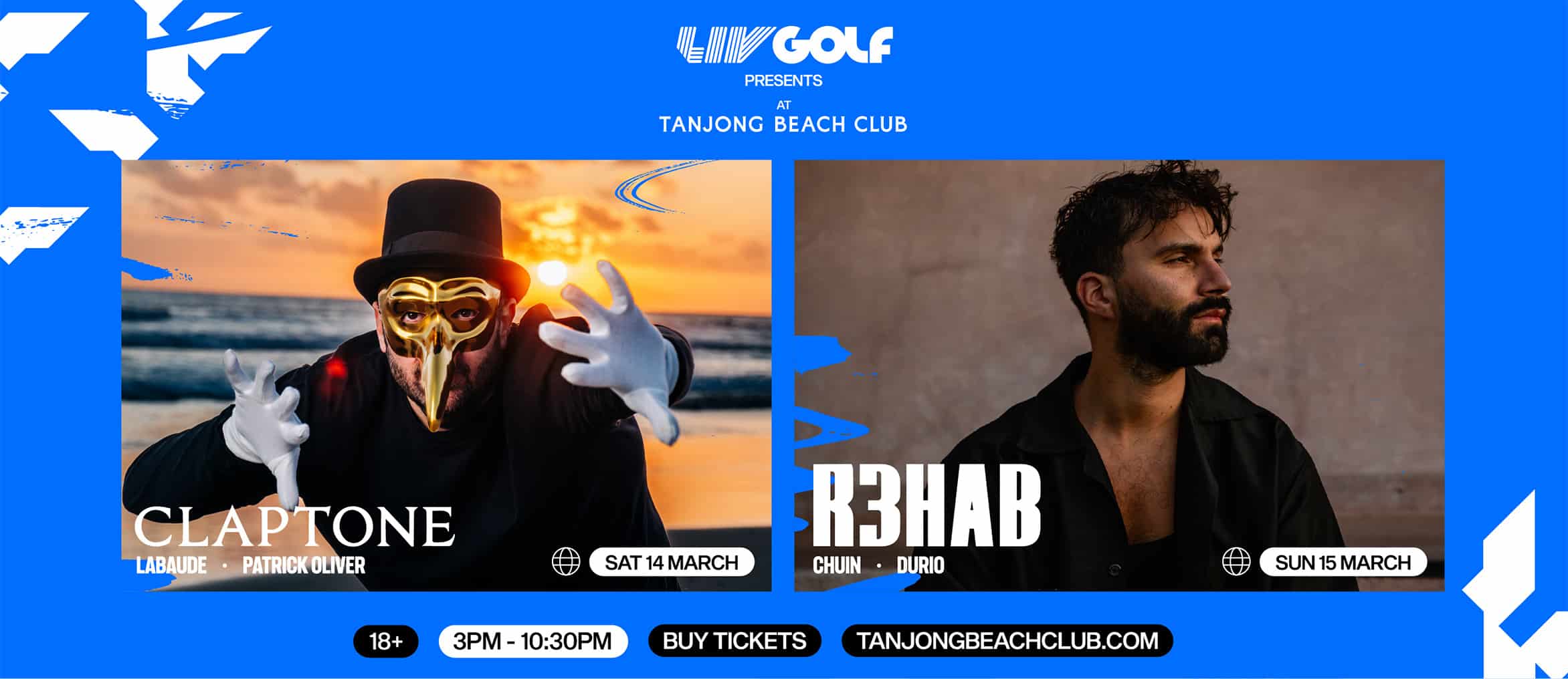 Promotional banner for LIV Golf Singapore after party at Tanjong Beach Club featuring DJs Claptone and R3HAB.