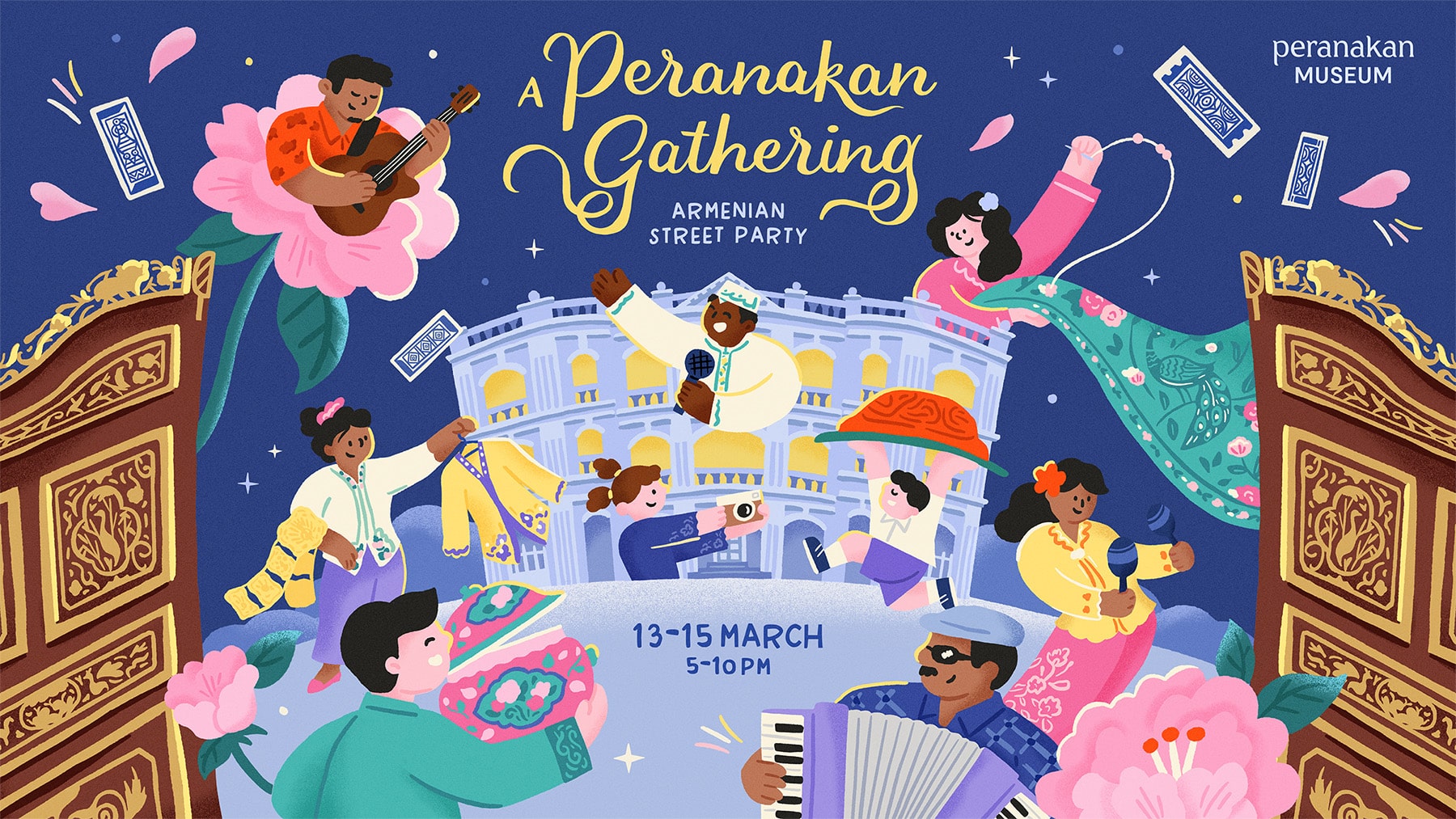 Illustrated poster for Armenian Street Party: A Peranakan Gathering at Peranakan Museum, 13–15 March 2026.