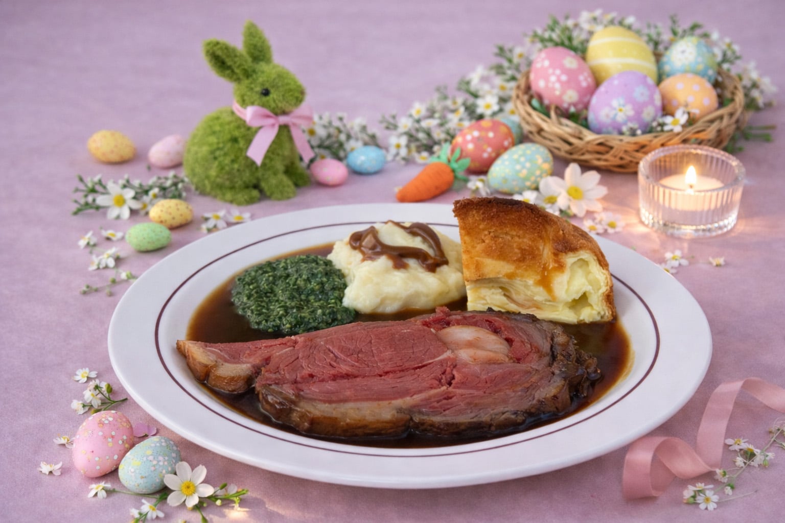 Lawry’s signature roasted USDA prime rib served with mashed potatoes, creamed spinach, Yorkshire pudding, and gravy.