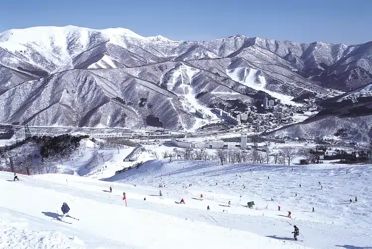 Ski slopes and mountain views at Echigo-Yuzawa ski resort in Niigata, a popular skiing destination near Tokyo.