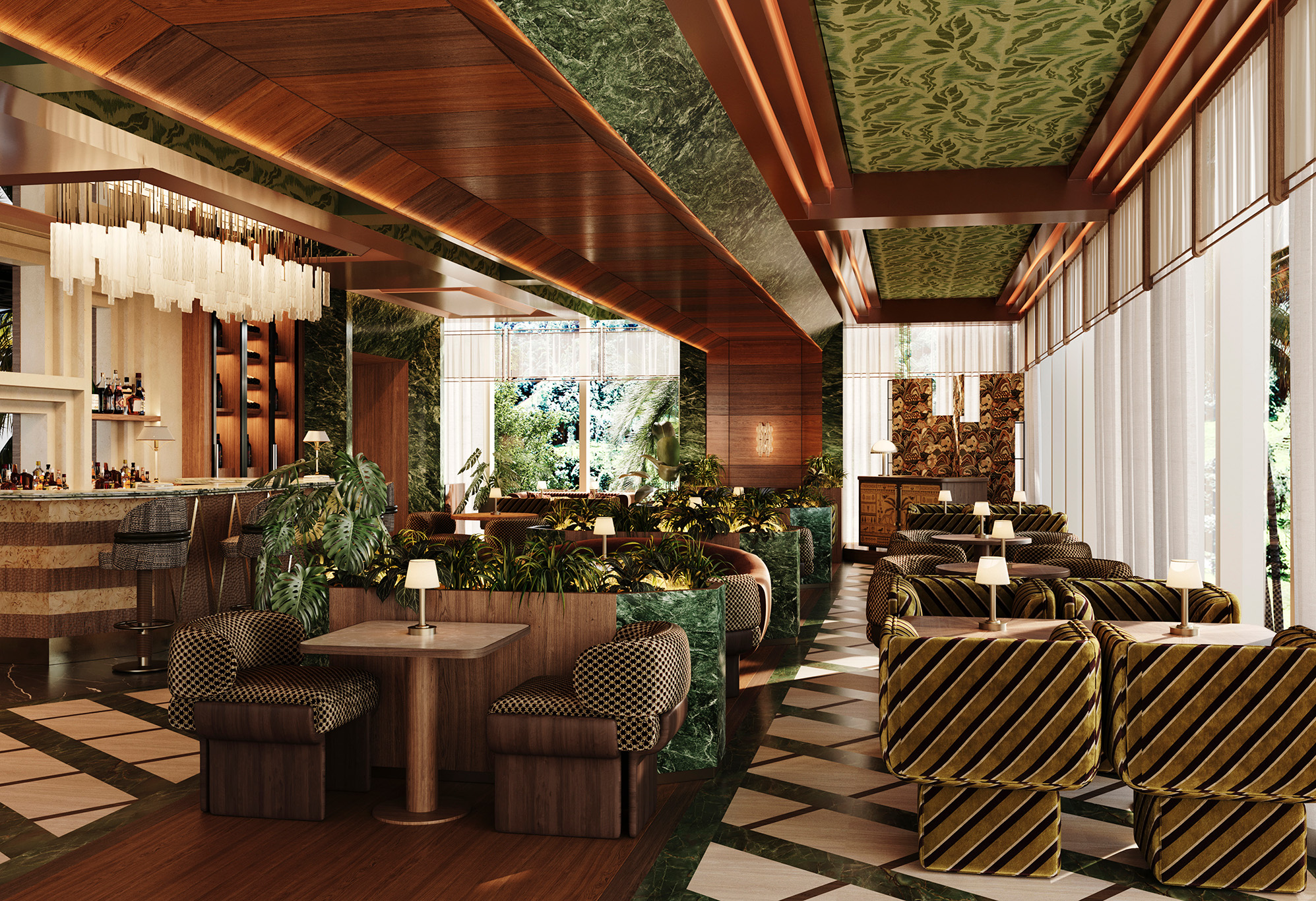 Madison House Singapore members bar and lounge with lush greenery, patterned seating, and warm wood interiors at Fort Canning