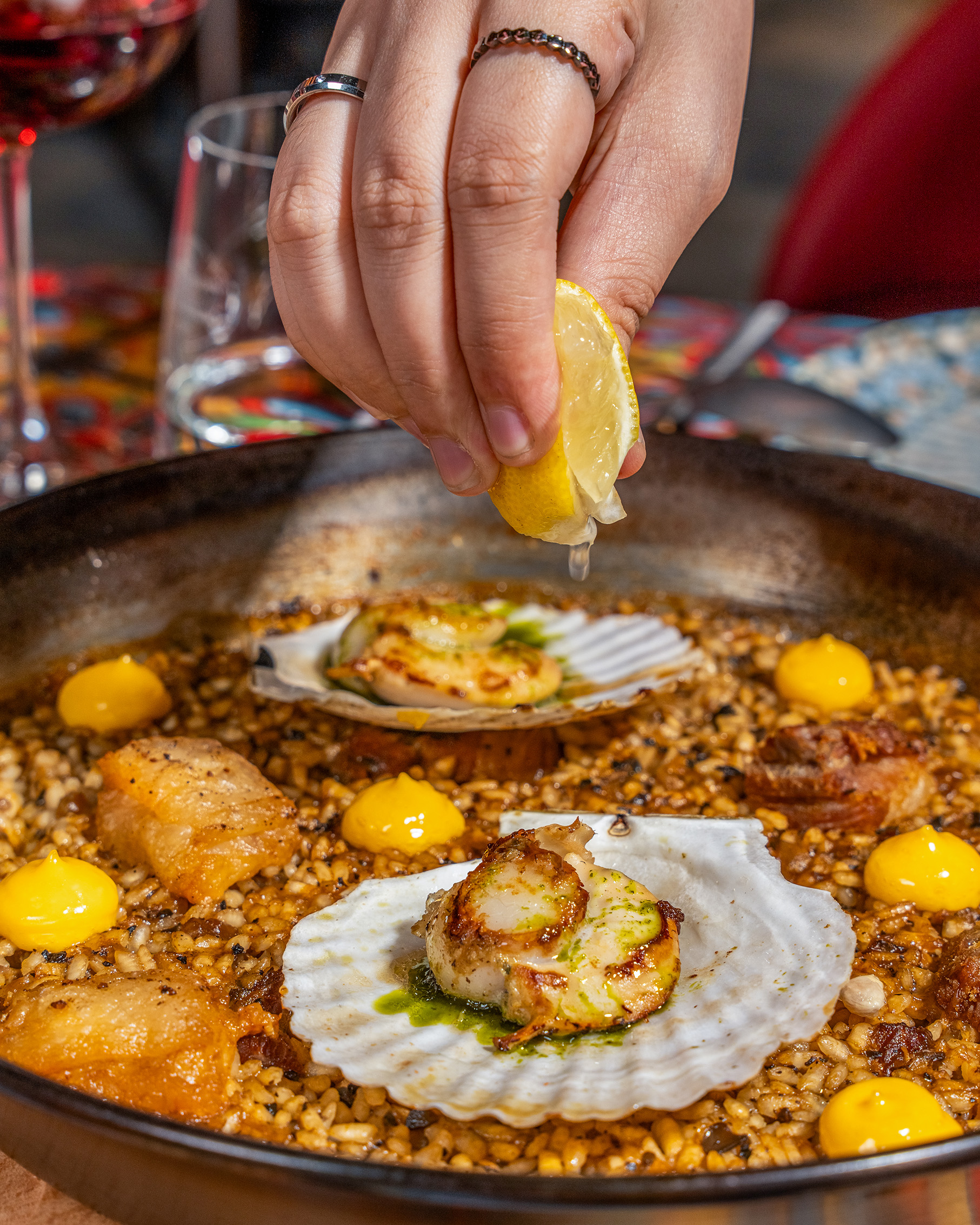 Spanish paella with pork, scallops, and saffron rice at Sabòr CHIJMES Singapore