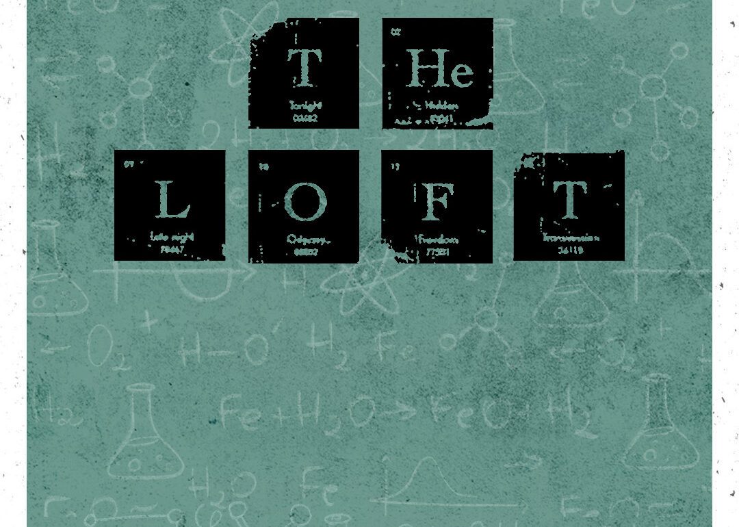Poster for The Secret Loft Party featuring periodic table-style typography and event details on a chalkboard background.