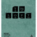 Poster for The Secret Loft Party featuring periodic table-style typography and event details on a chalkboard background.