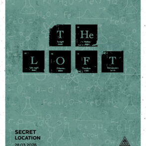Poster for The Secret Loft Party featuring periodic table-style typography and event details on a chalkboard background.
