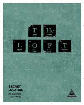 Poster for The Secret Loft Party featuring periodic table-style typography and event details on a chalkboard background.