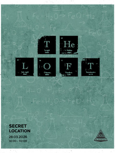 Poster for The Secret Loft Party featuring periodic table-style typography and event details on a chalkboard background.