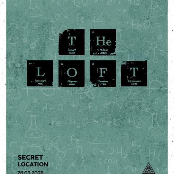 Poster for The Secret Loft Party featuring periodic table-style typography and event details on a chalkboard background.
