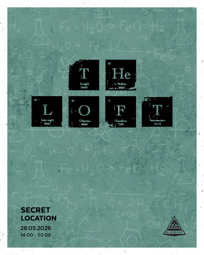 Poster for The Secret Loft Party featuring periodic table-style typography and event details on a chalkboard background.