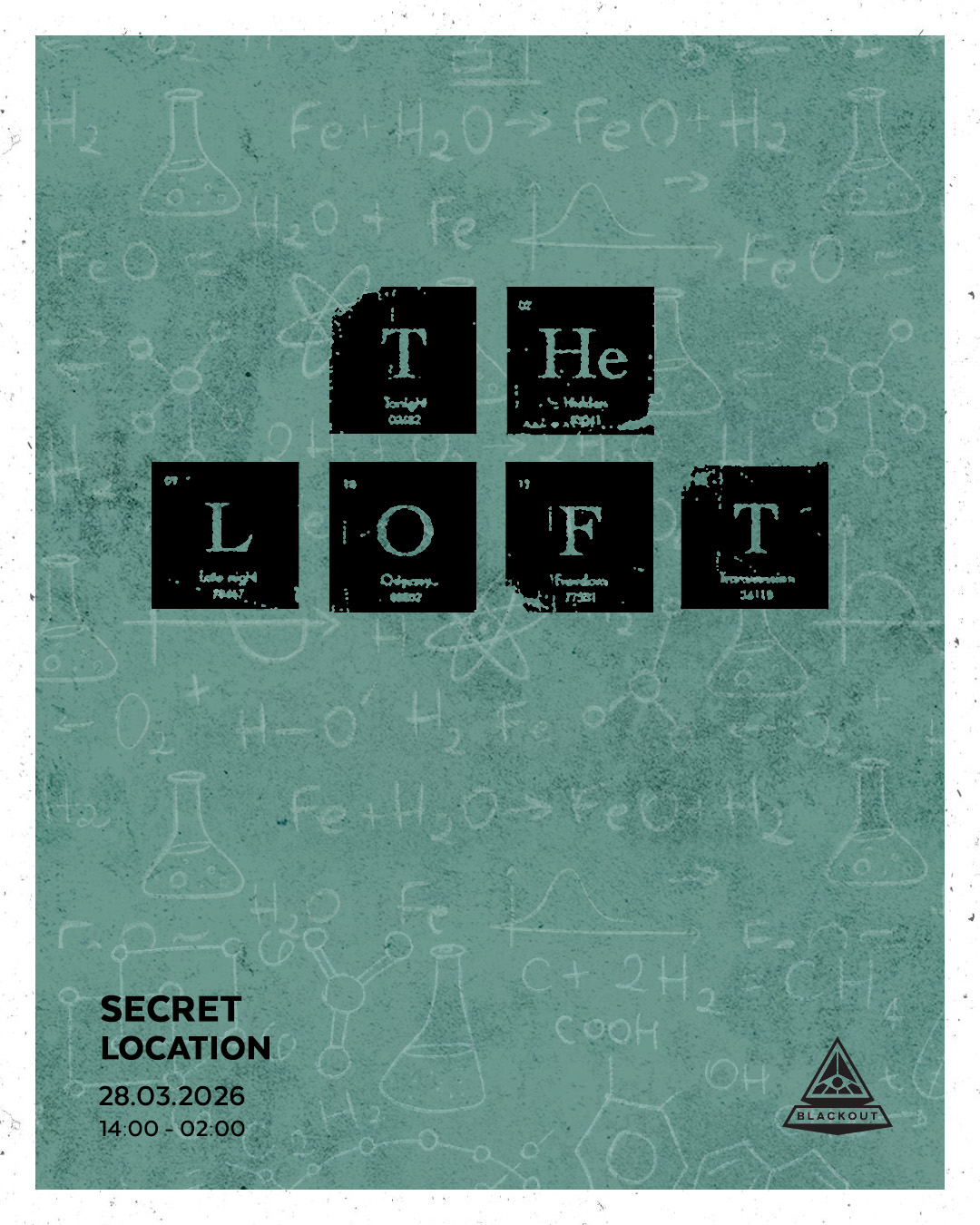 Poster for The Secret Loft Party featuring periodic table-style typography and event details on a chalkboard background.