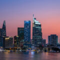 Hilton Saigon skyline at sunset overlooking the Saigon River in Ho Chi Minh City