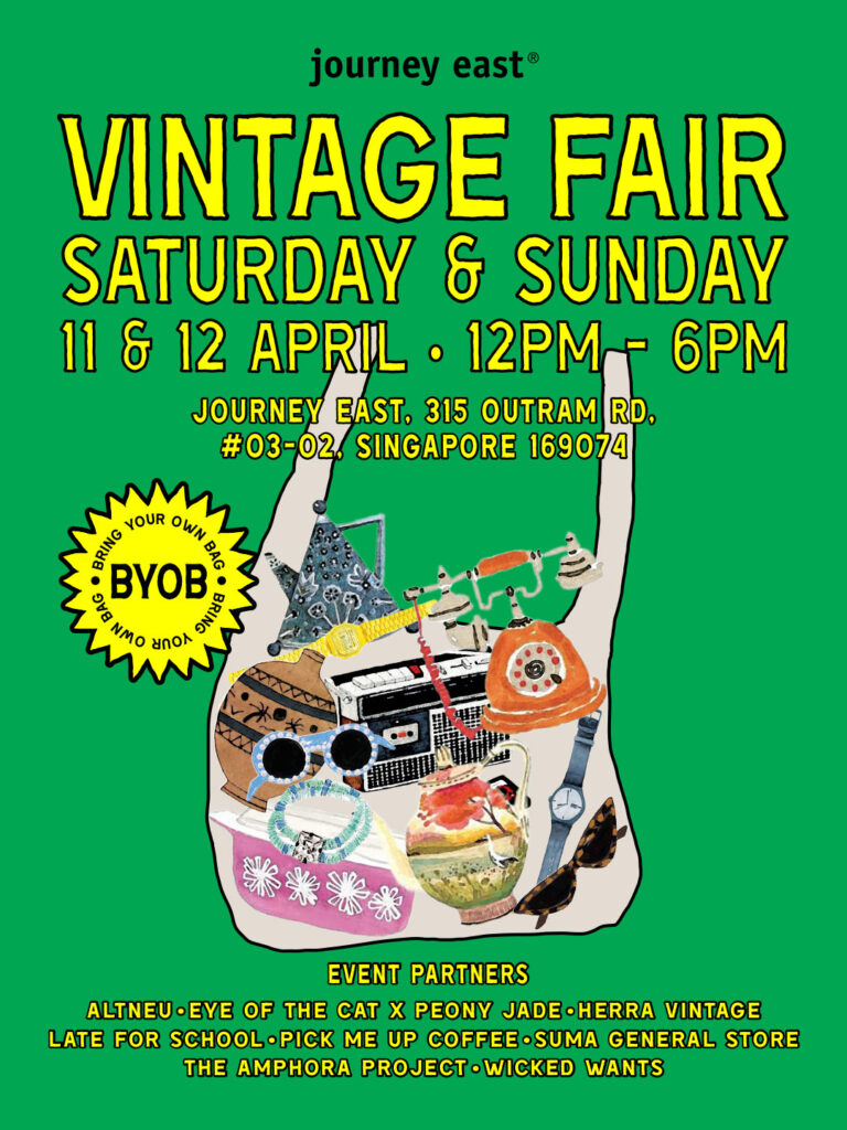 Illustrated poster for Journey East Vintage Fair featuring retro objects and event details on green background