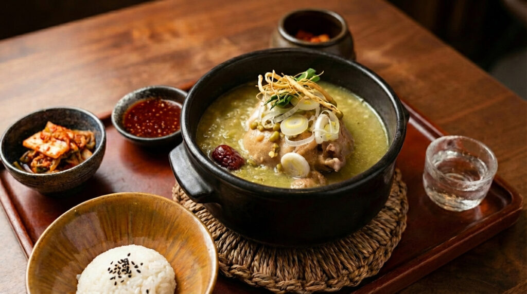 A steaming black stone pot of mung bean samgyetang served with kimchi, rice, and condiments on a wooden tray at MODU High, Amoy Street, Singapore.