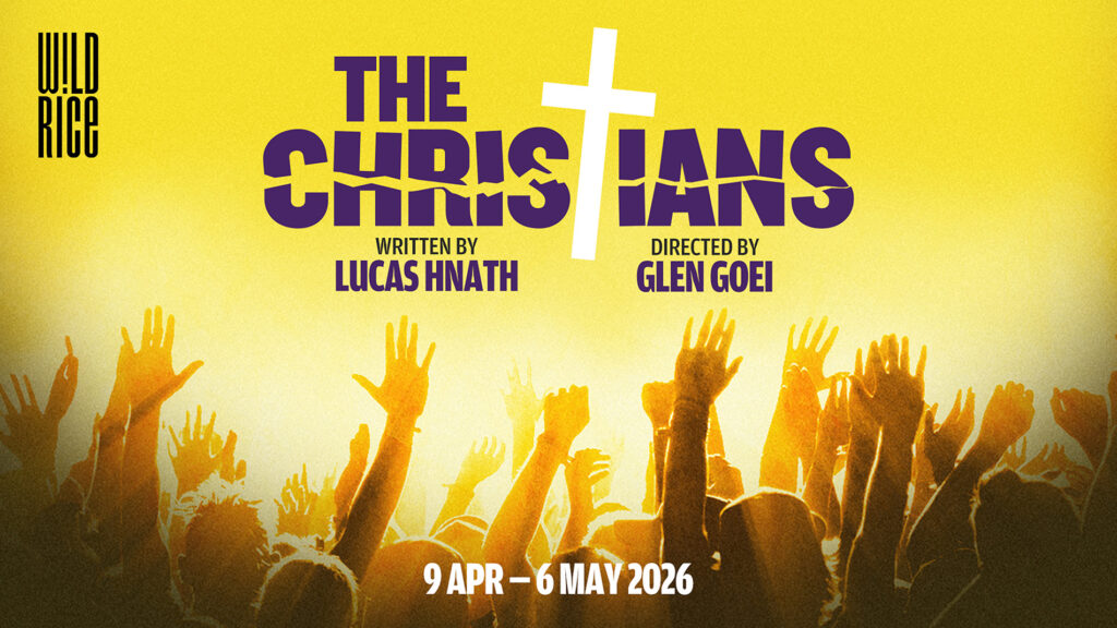 Theatre poster for The Christians featuring raised hands against a bright yellow background with bold typography