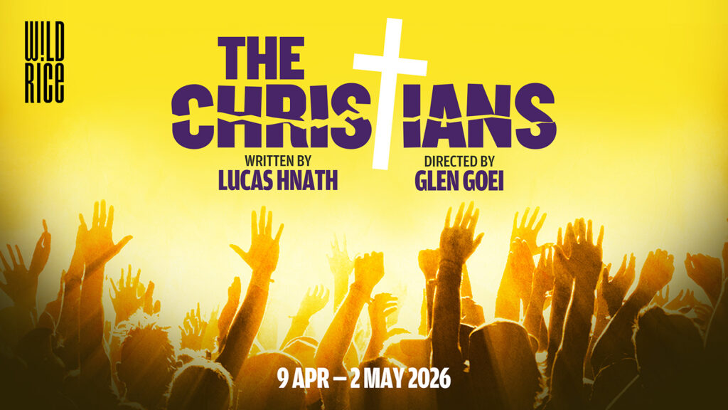 Theatre poster for The Christians featuring raised hands against a bright yellow background with bold typography
