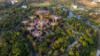 Aerial view of Gardens by the Bay in Singapore, featuring the iconic Supertree Grove structures surrounded by lush tropical greenery — a symbol of Singapore's blend of innovation, urban planning, and long-term vision.
