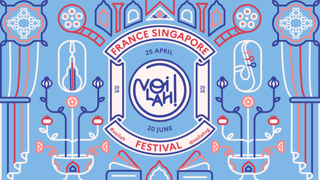 Illustrated festival poster with French-inspired motifs and typography for vOilah! Singapore cultural festival