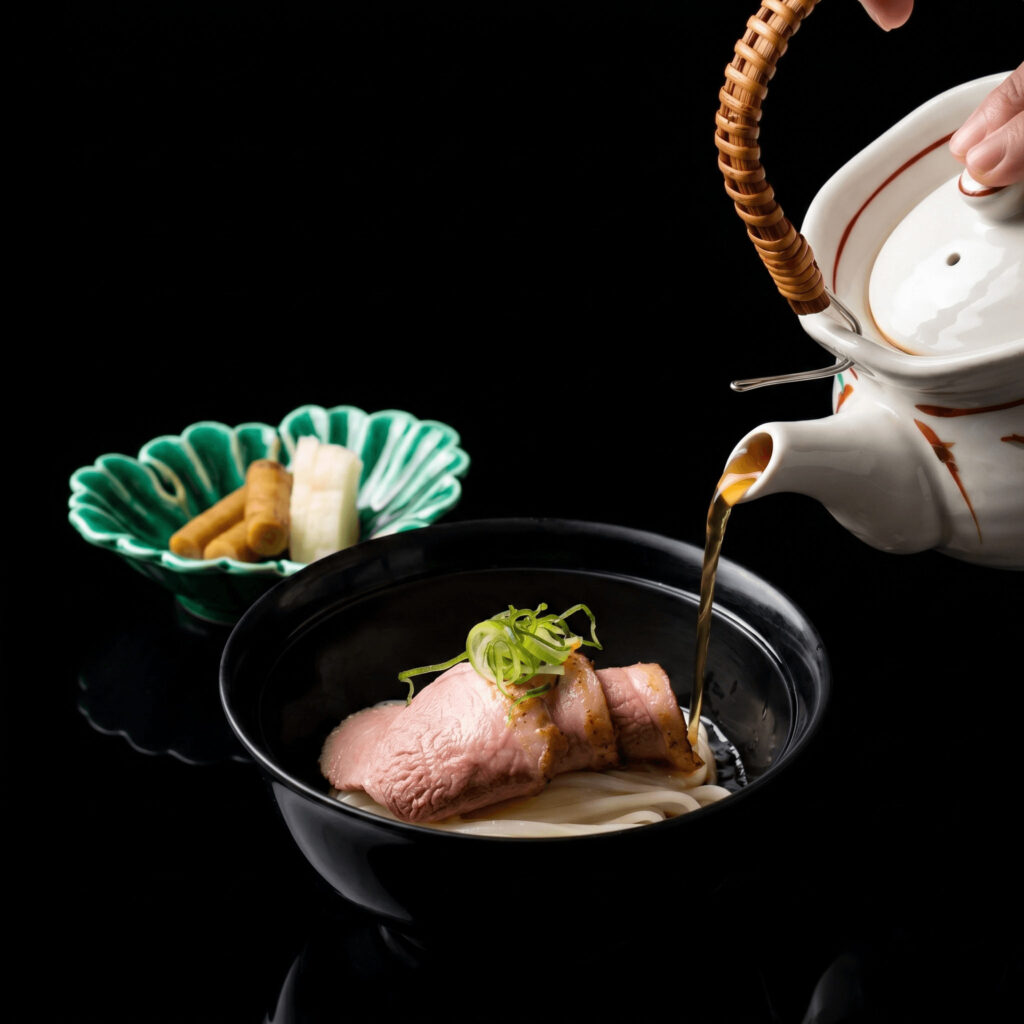 A bowl of Somen at KOU, with sliced duck atop aged Miwa somen noodles and dashi broth being poured from a traditional Japanese teapot, served alongside a small dish of accompaniments.