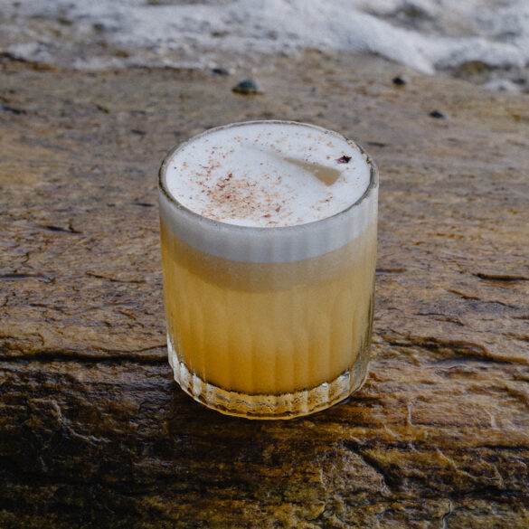 A foamy sour cocktail with a dusting of spice, served in a ribbed glass on a wet coastal rock with waves in the background.