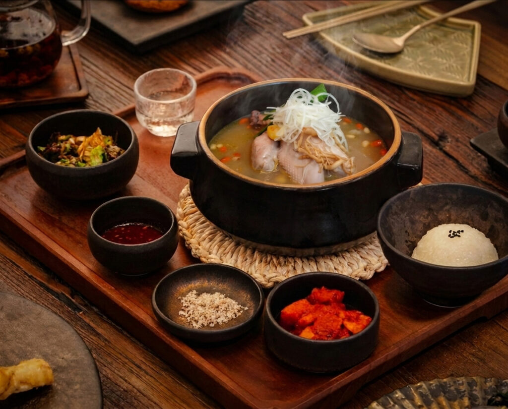 A bowl of Beauty Collagen Samgyetang at MODU High, served in a black claypot with steam rising from the broth, accompanied by small dishes of kimchi, seasoning, sauce, and rice on a wooden tray.