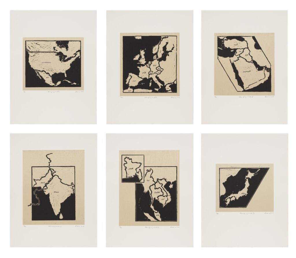 Zarina, Atlas of My World, 2001, woodcut prints on display at STPI Singapore as part of Directions to My House exhibition