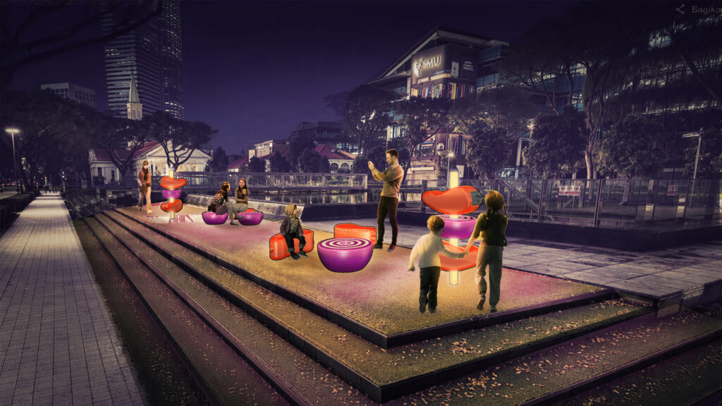 Artist impression of illuminated red and purple light installations shaped like chilli peppers, with visitors gathered on a lit platform along Bras Basah at night