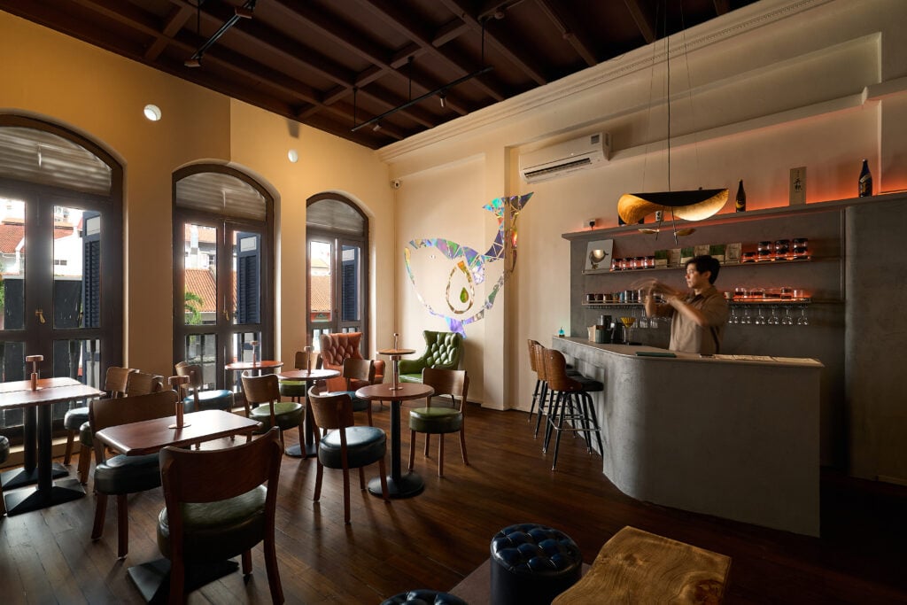 Interior of Braveheart Sake Originals in Tanjong Pagar, with a bartender at the sake and cocktail bar