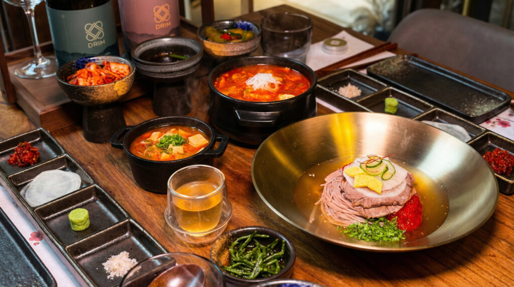 Korean banchan, soups and cold noodles served at DRIM Gold, a Korean fine dining restaurant in Singapore