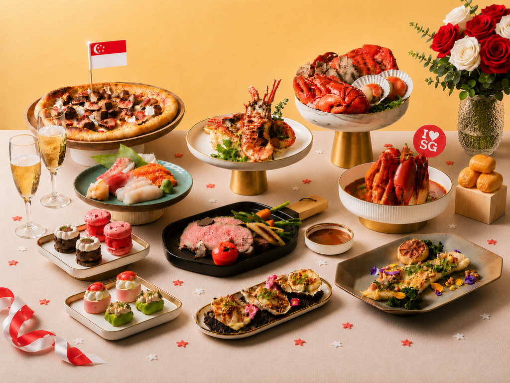 National Day buffet spread at Crossroads Buffet with a Singapore flag-topped pizza, whole lobster, sashimi platter, roast meat and pastel-coloured desserts, flanked by champagne flutes and a rose bouquet