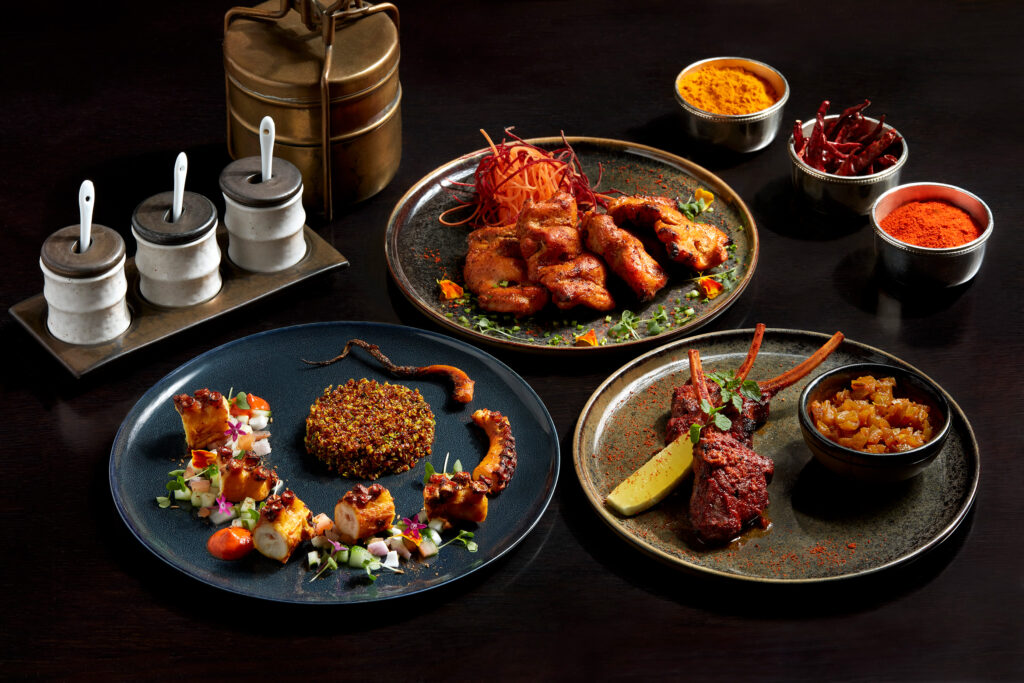 Kashmiri lamb chops, octopus kebab and Thandai Murgh kebab at Tiffin Room, a North Indian fine dining restaurant in Singapore