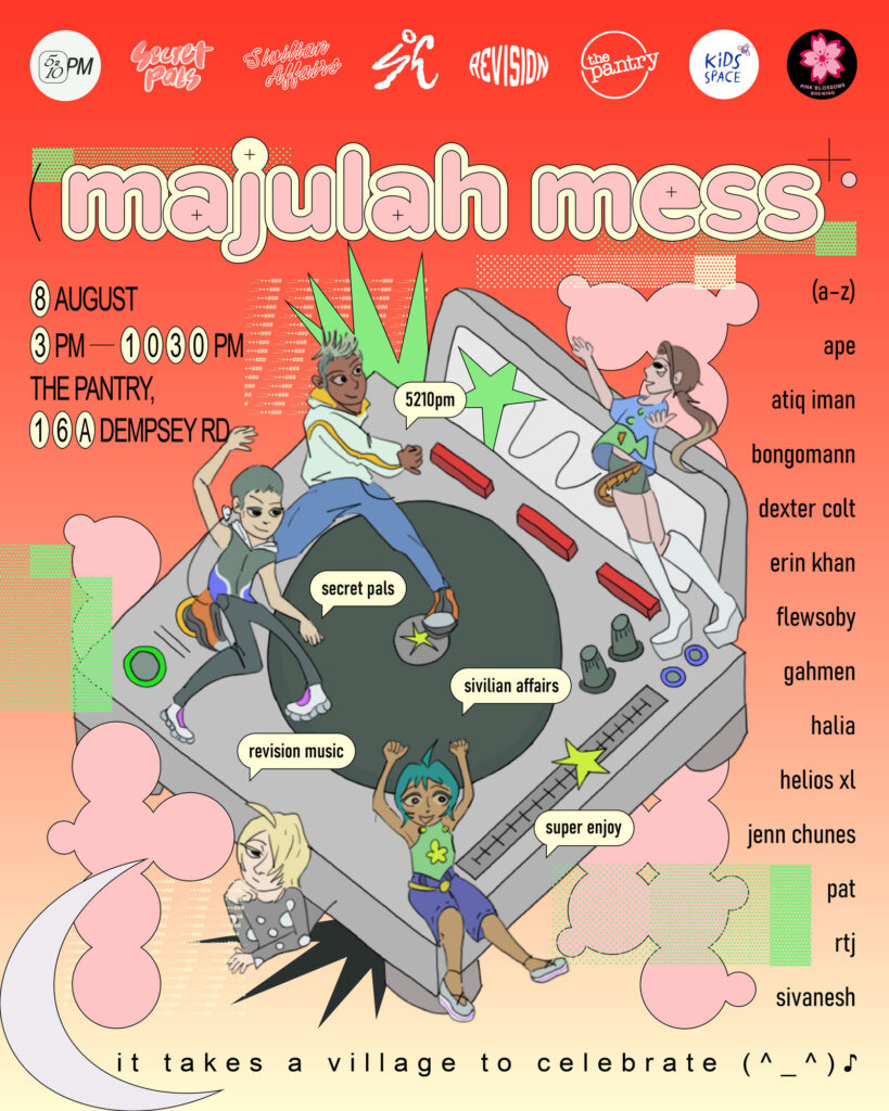 Illustrated event poster for Majulah Mess on 8 August at The Pantry, Dempsey, featuring cartoon figures dancing around a giant record player and a full lineup list