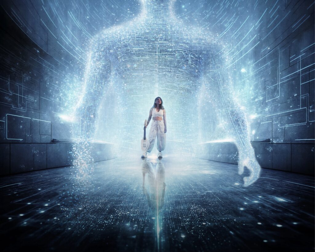 Singapore Repertory Theatre production featuring a performer inside a glowing digital installation on stage